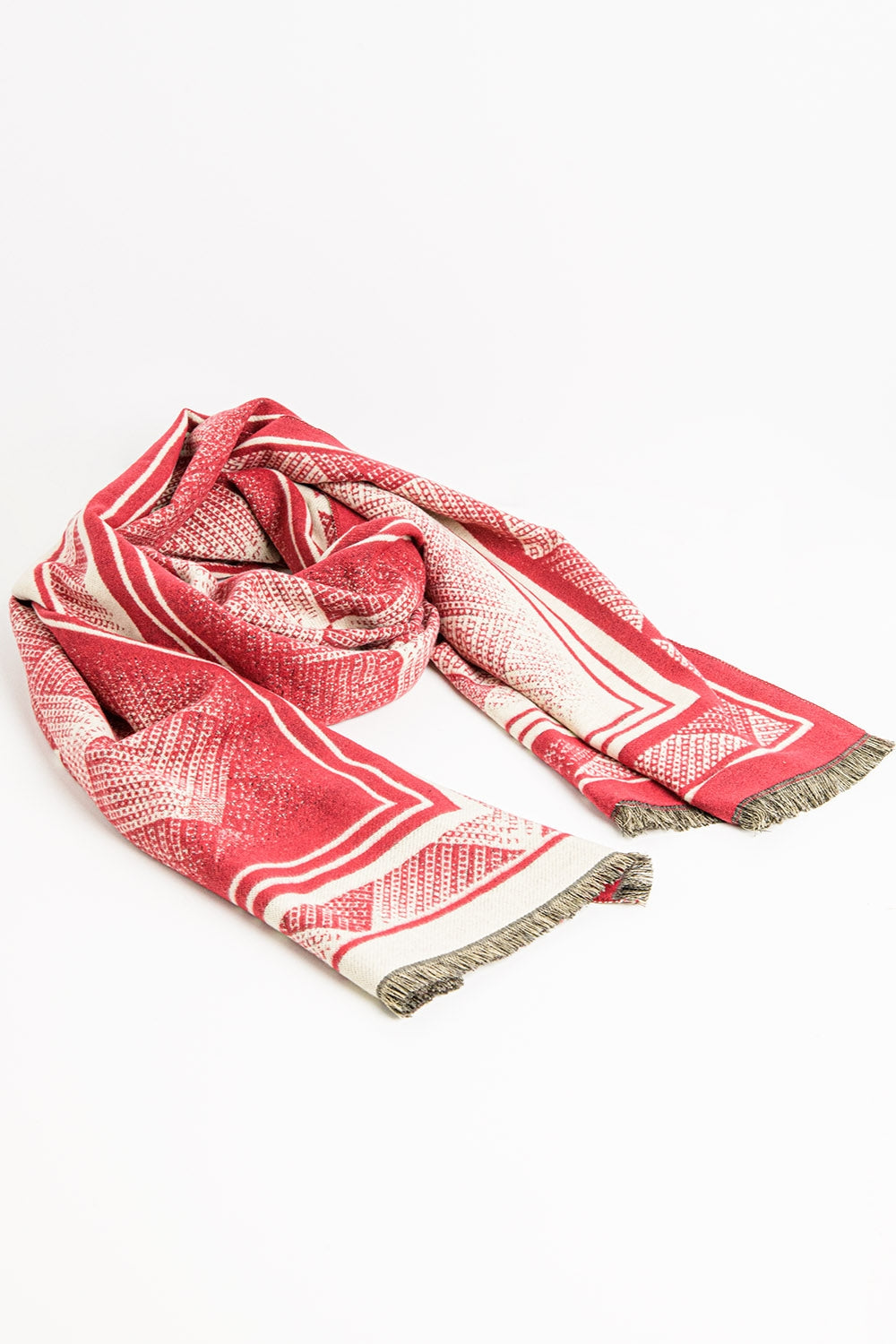 Red Knitted Scarf with Geometric Print