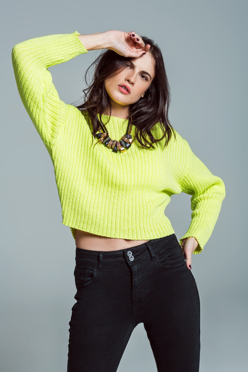 Relaxed Ribbed Boat Neck Sweater in Lime Green