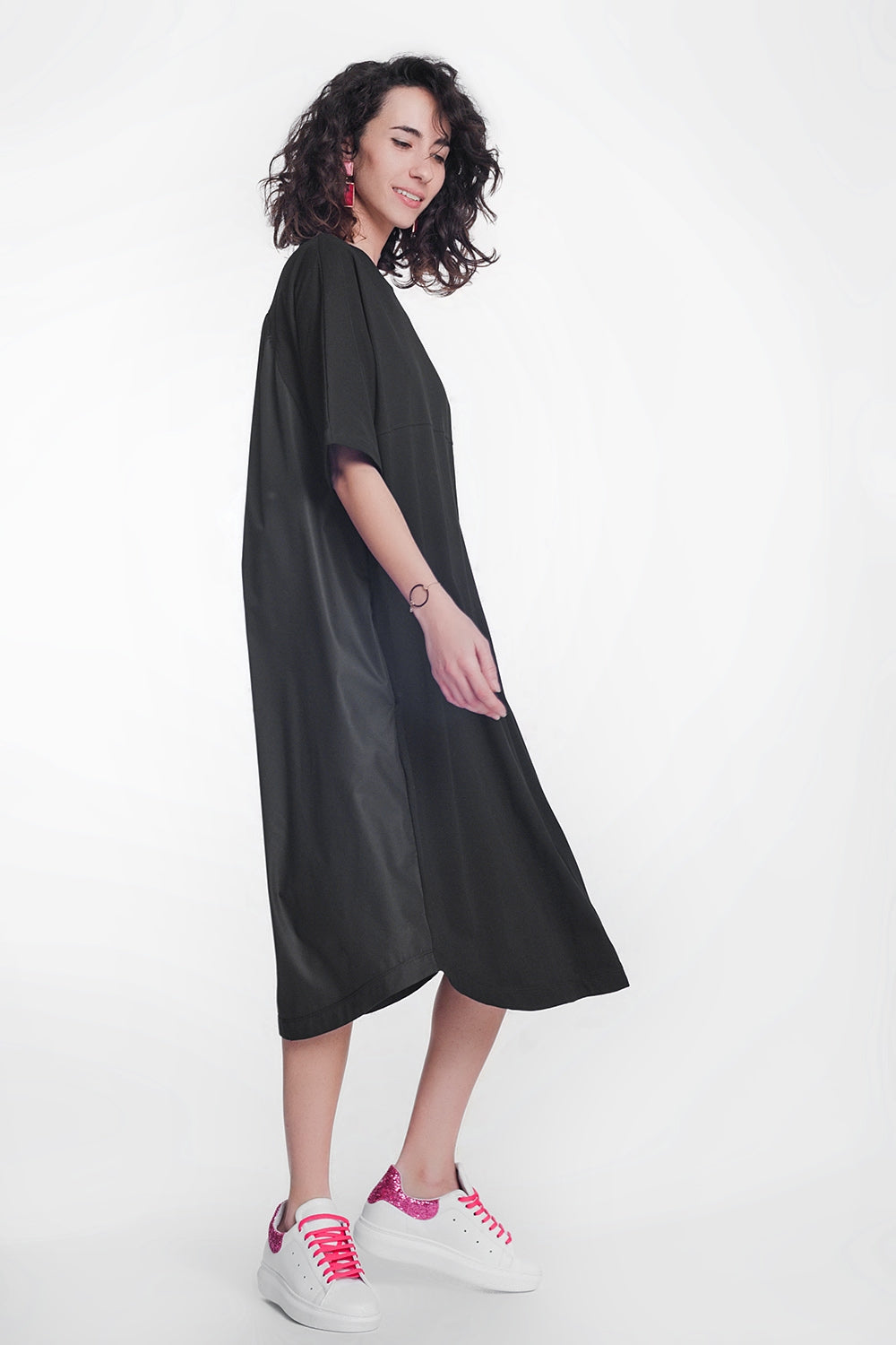 Round Neck Poplin T-Shirt Dress in Black