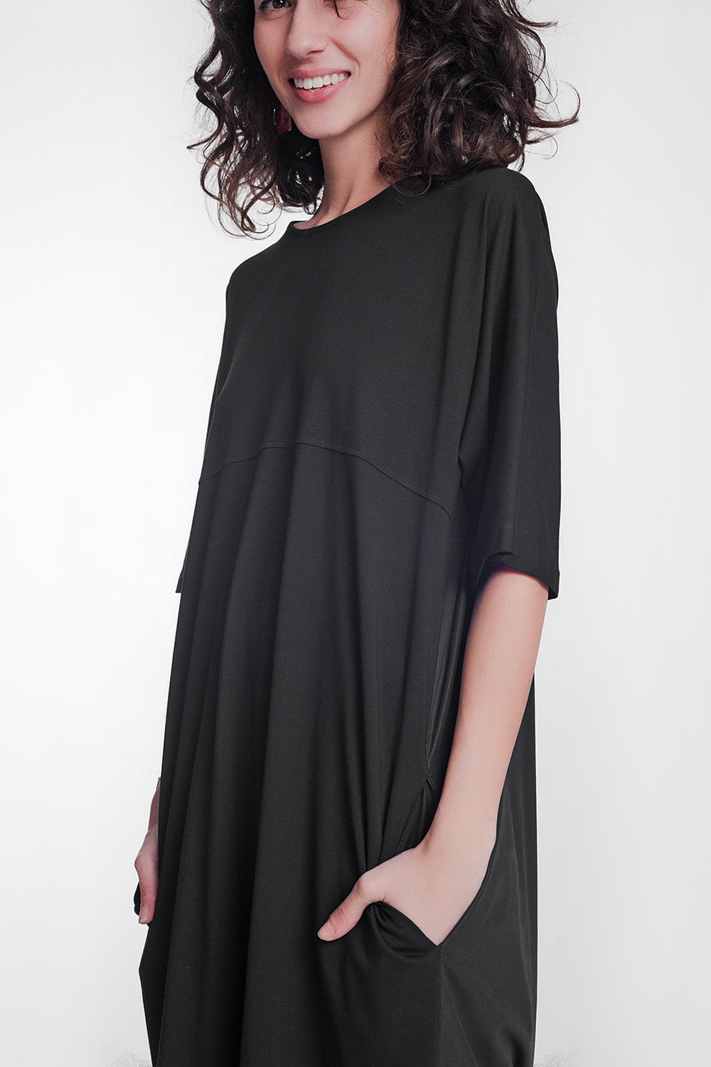 Round Neck Poplin T-Shirt Dress in Black