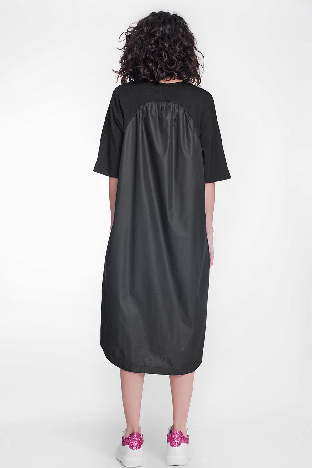 Round Neck Poplin T-Shirt Dress in Black