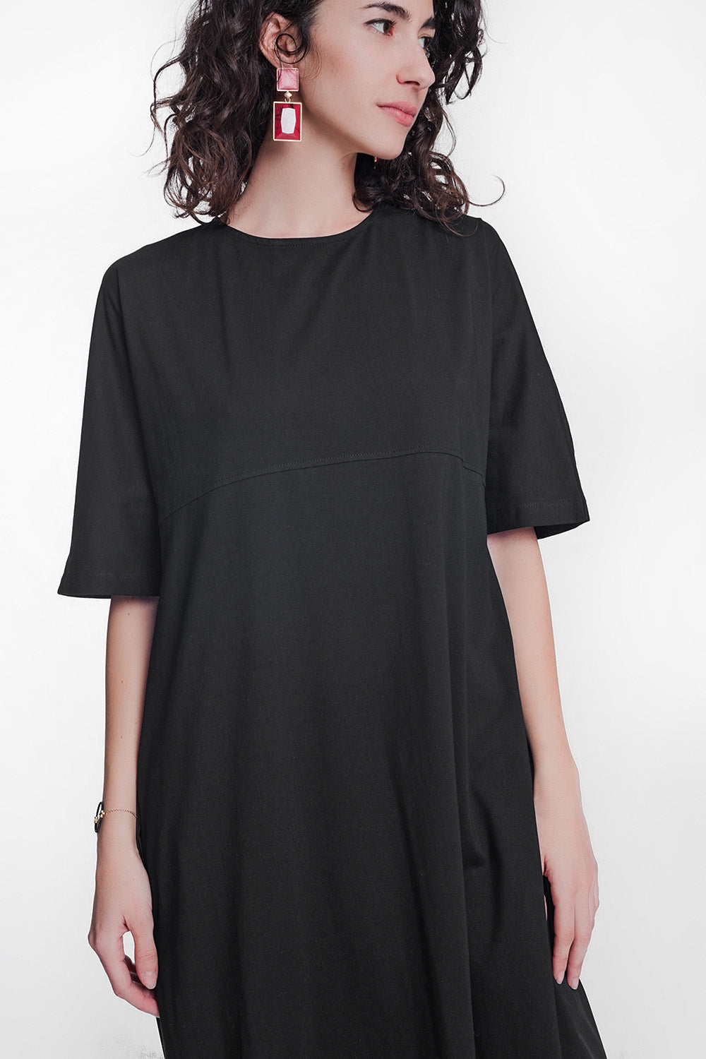 Round Neck Poplin T-Shirt Dress in Black