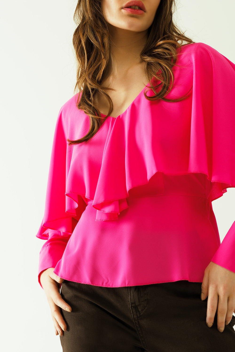 Ruffled V-neck Top with Buttoned Cuffs and Tie in the Back Detail in Fuchsia