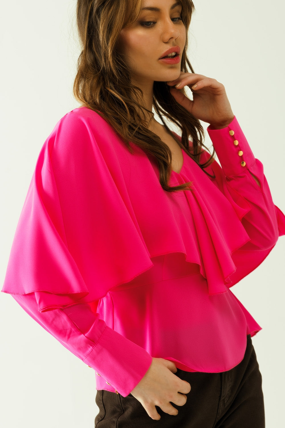 Ruffled V-neck Top with Buttoned Cuffs and Tie in the Back Detail in Fuchsia