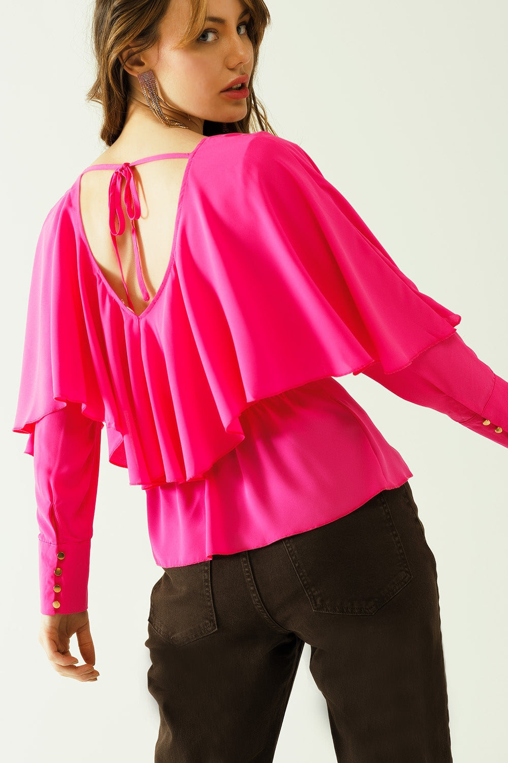 Ruffled V-neck Top with Buttoned Cuffs and Tie in the Back Detail in Fuchsia