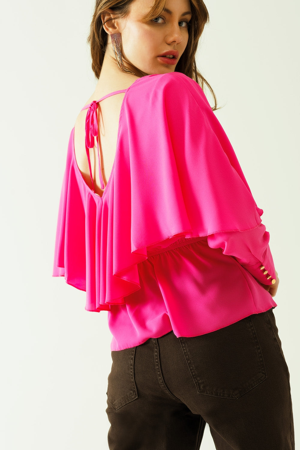 Ruffled V-neck Top with Buttoned Cuffs and Tie in the Back Detail in Fuchsia