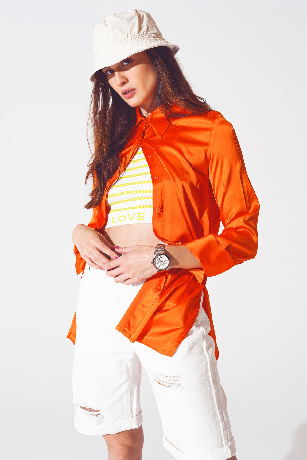 Satin Shirt with Split Cuff in Orange