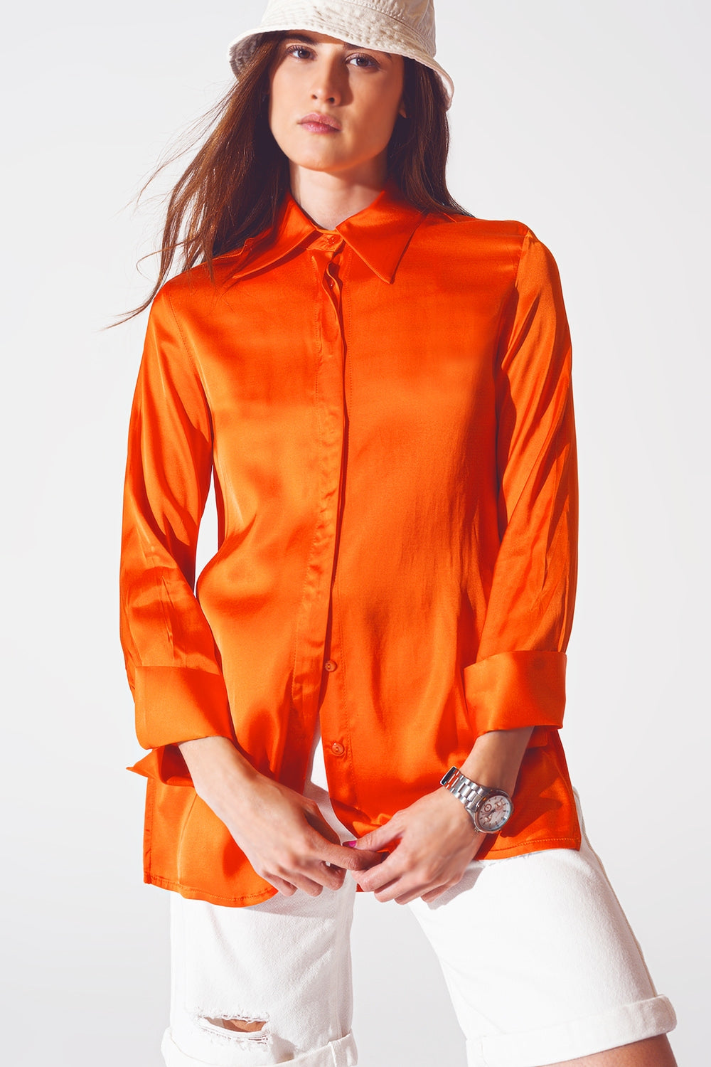 Satin Shirt with Split Cuff in Orange