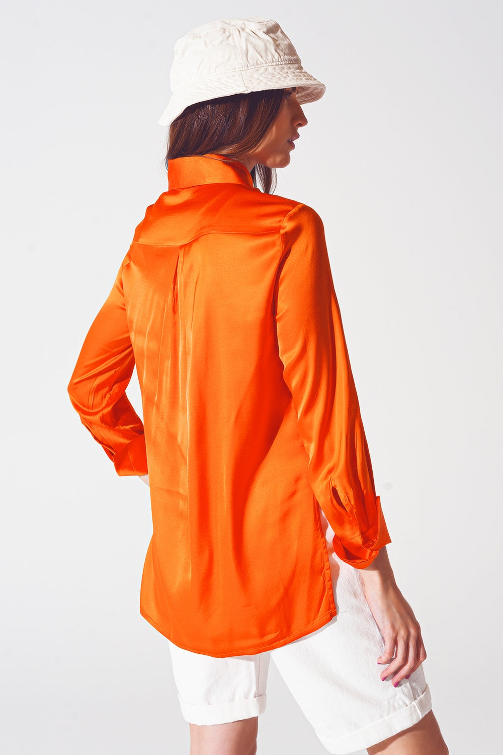 Satin Shirt with Split Cuff in Orange