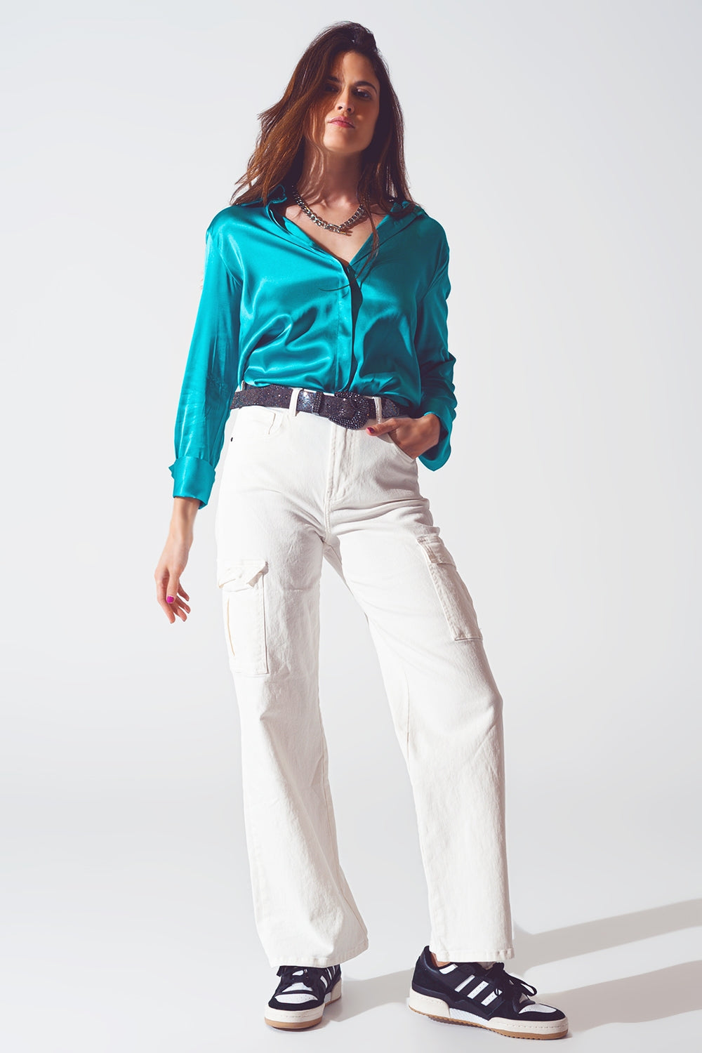 Satin Shirt with Split Cuff in Turquoise