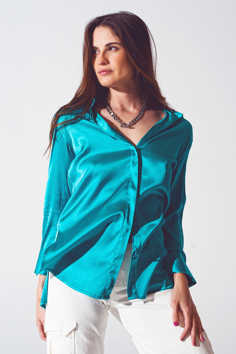 Satin Shirt with Split Cuff in Turquoise