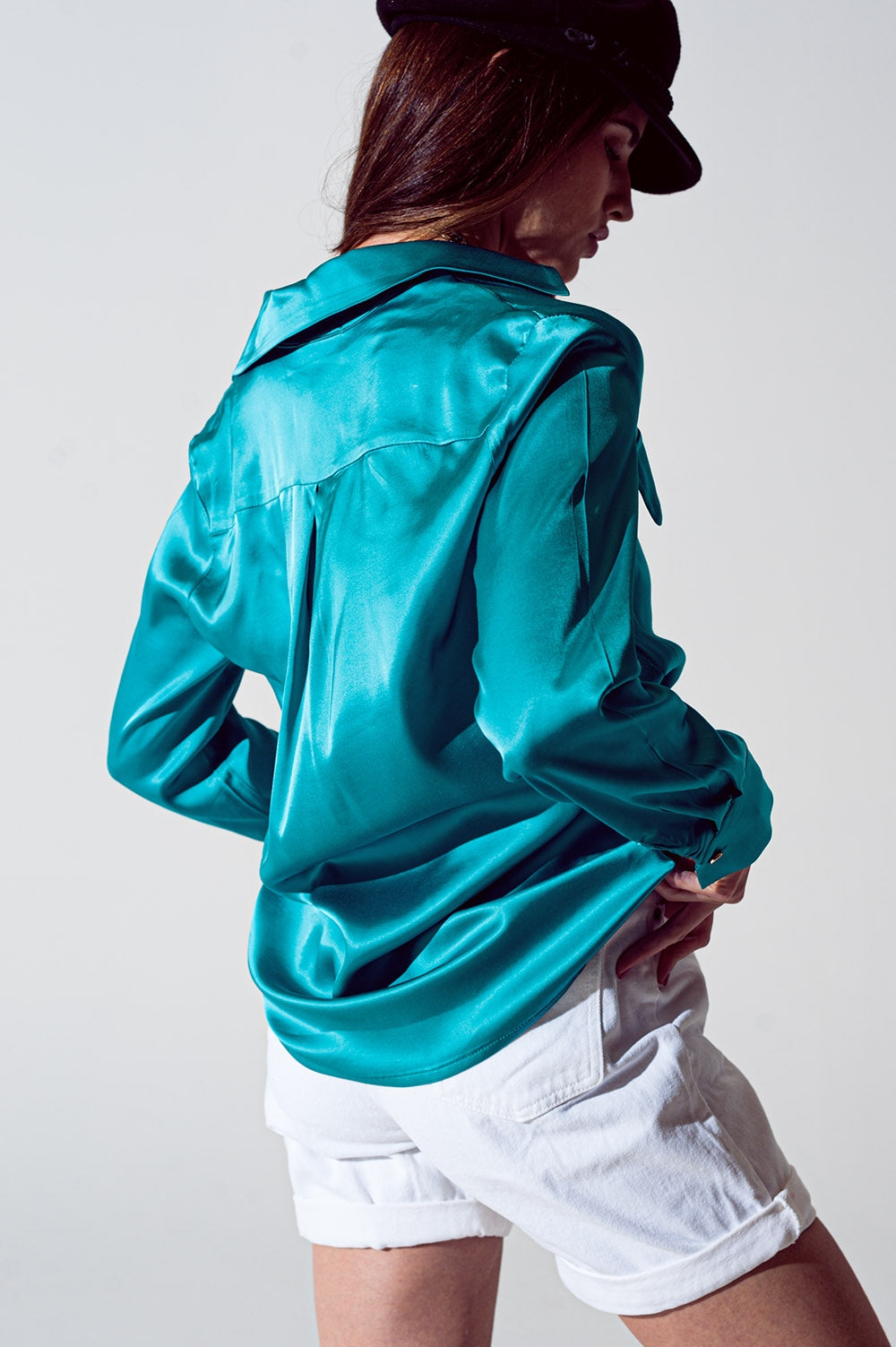 Satin Shirt with Split Cuff in Turquoise