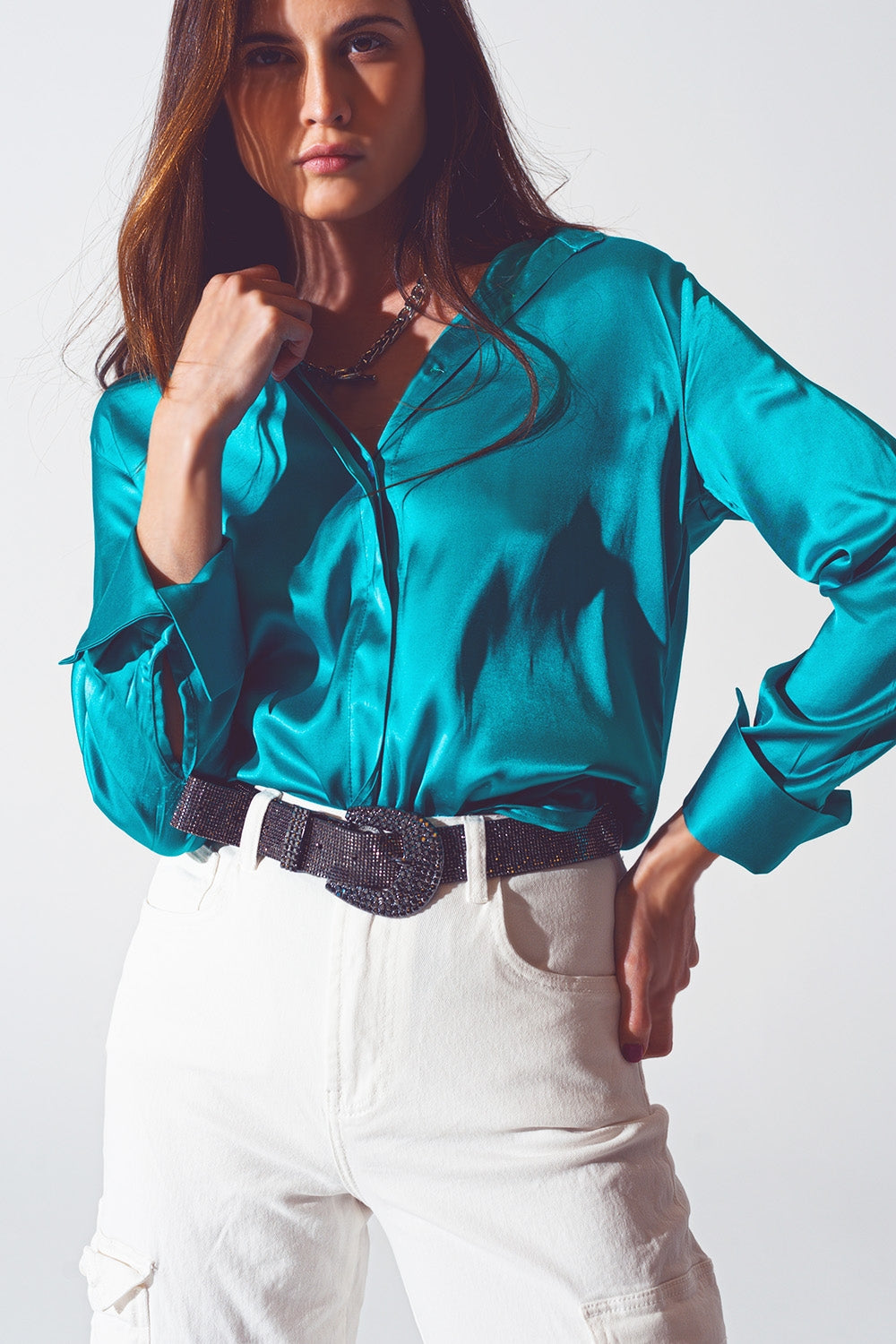 Satin Shirt with Split Cuff in Turquoise