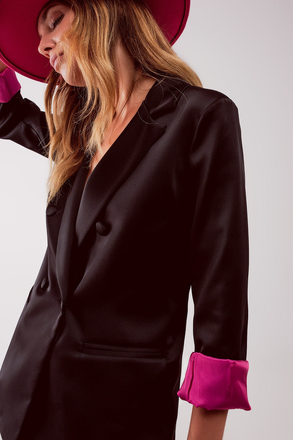 Satin Tailored Double Breast Blazer in Black