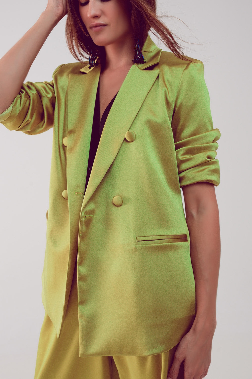 Satin Tailored Double Breast Blazer in Lime