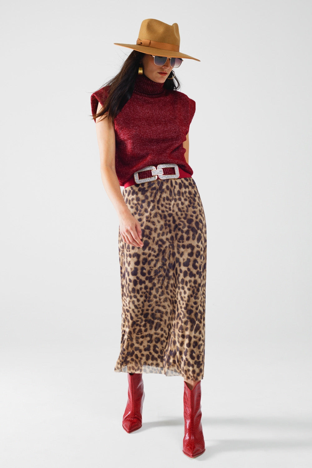 Sheer Long Leopard Print Bodycon Midi Skirt