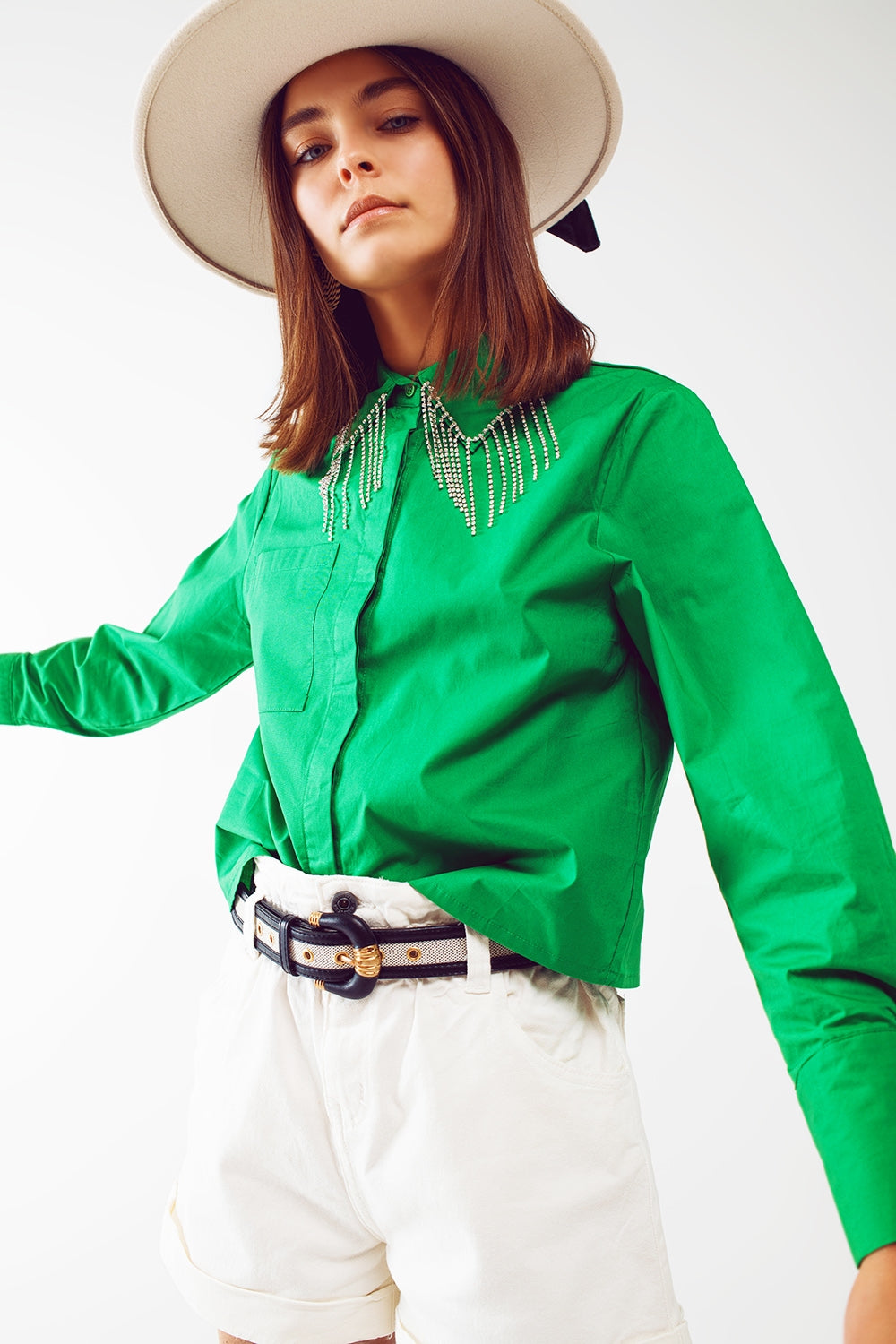 Shirt with Fringe Strass Collar in Green