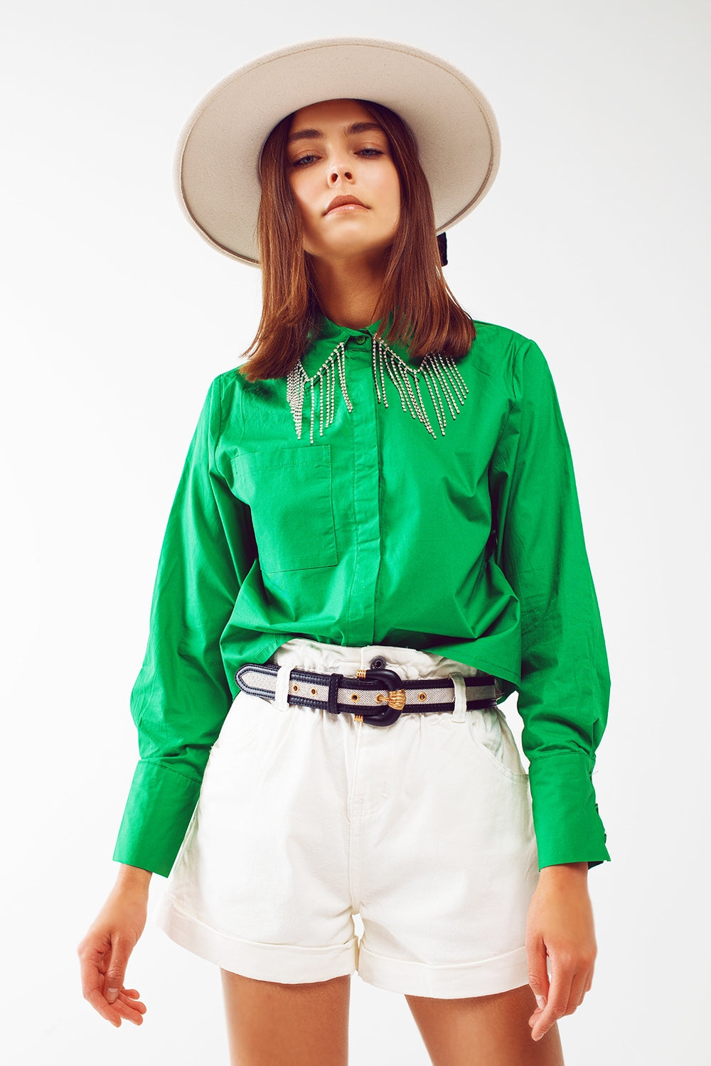 Shirt with Fringe Strass Collar in Green