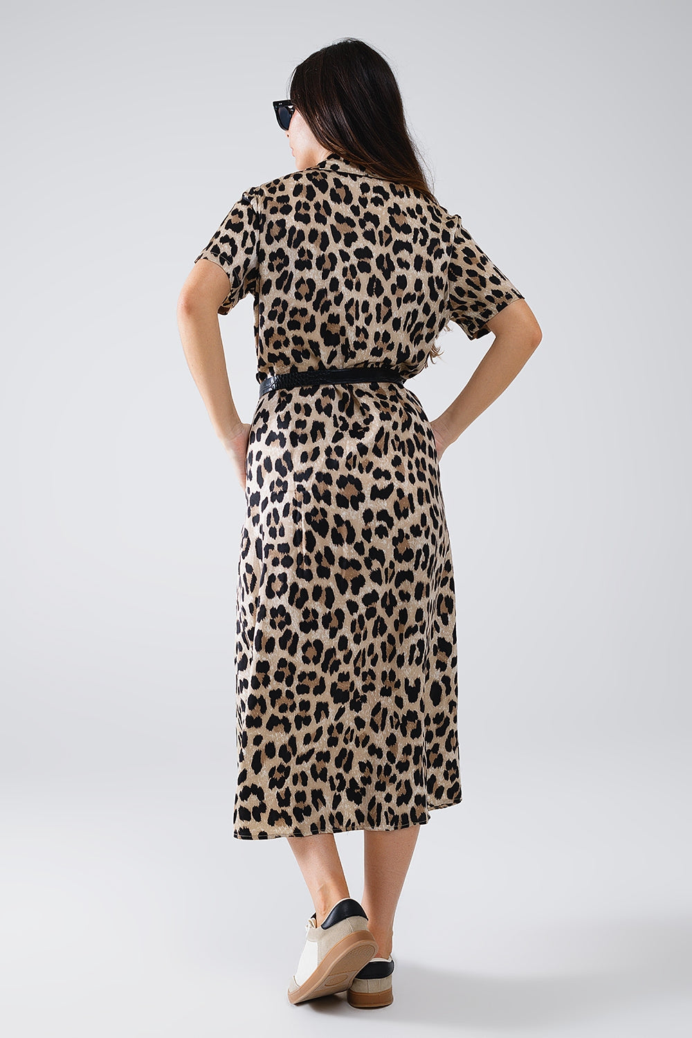 Short Sleeve Shirt Midi Dress with Belt in Leopard Print