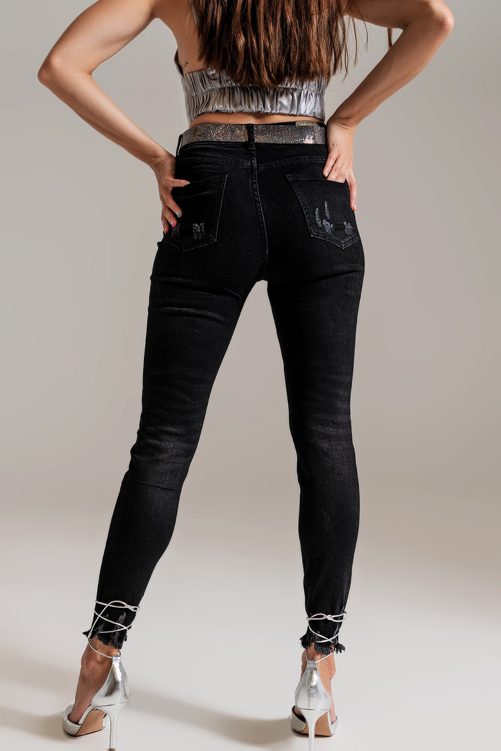 Skinny Jeans with Embellished Details in Black Wash