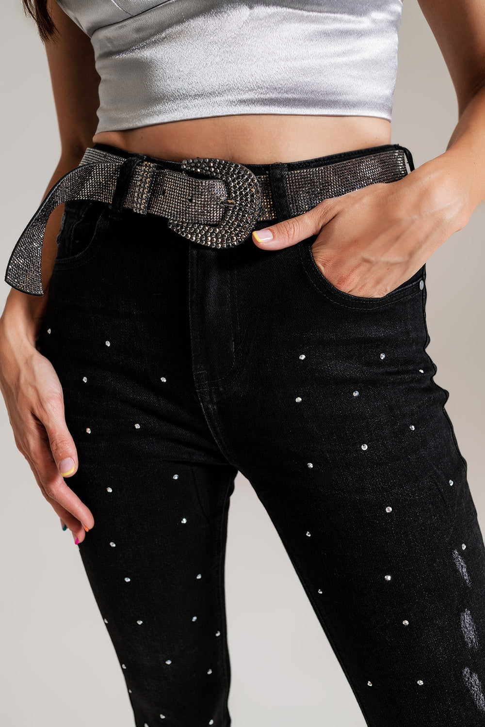 Skinny Jeans with Embellished Details in Black Wash