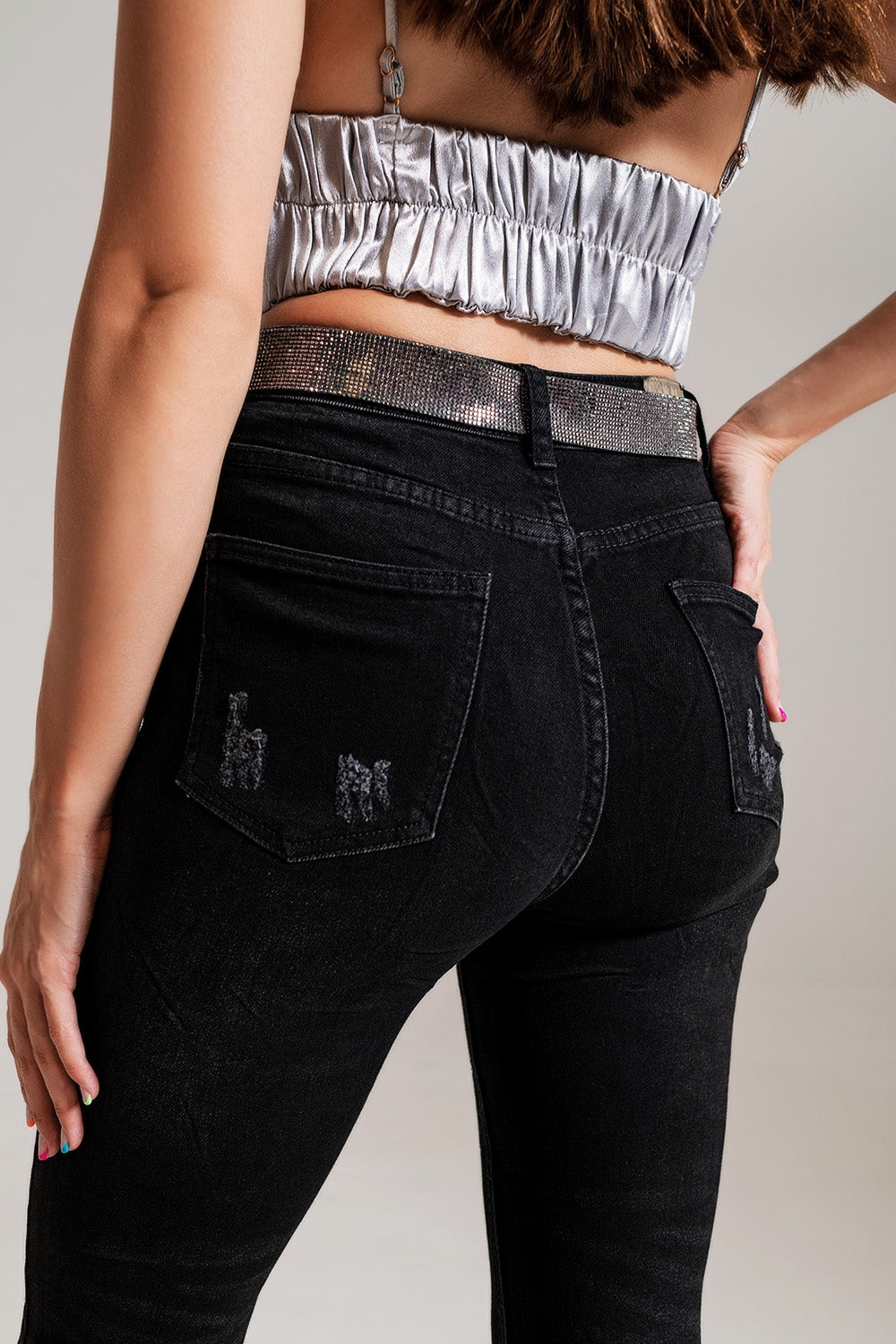 Skinny Jeans with Embellished Details in Black Wash