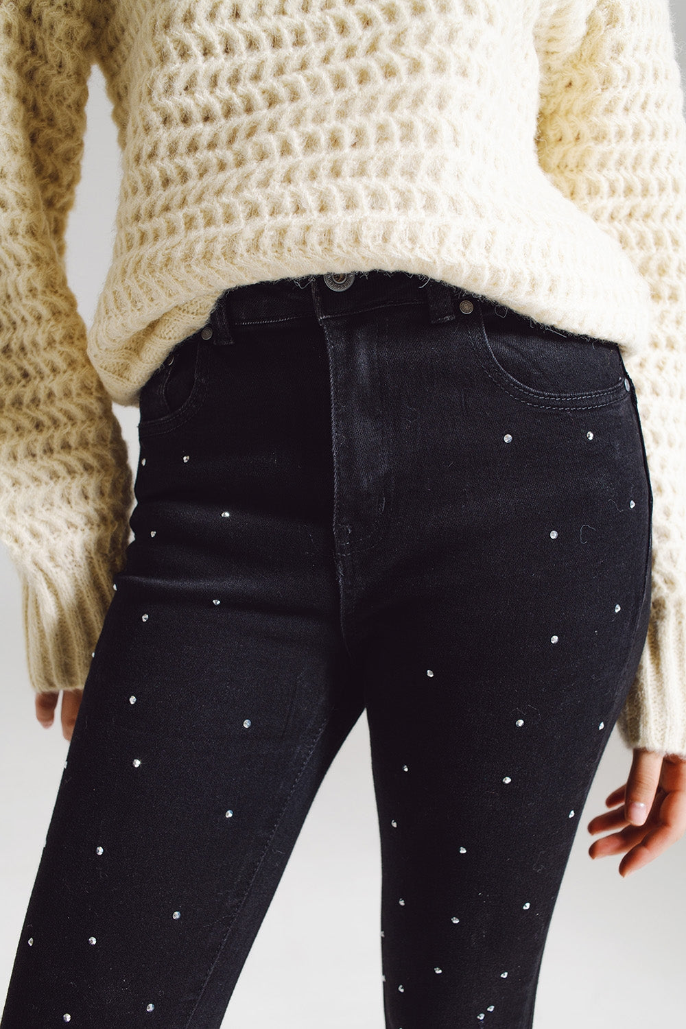 Skinny Jeans with Embellished Strass All Over in Black