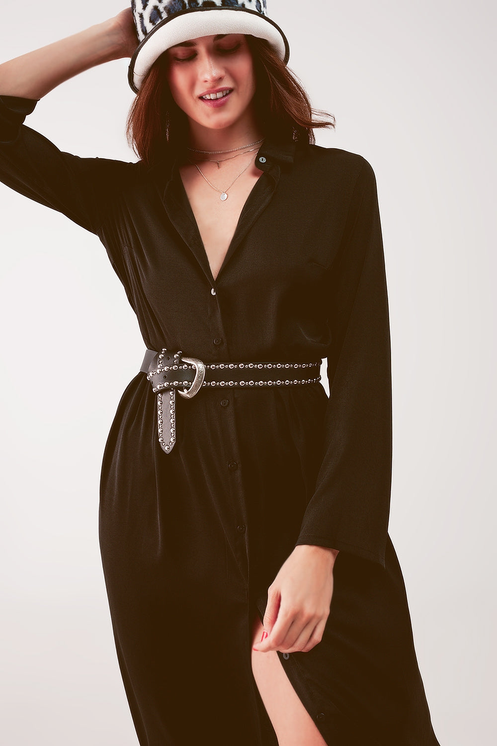 Slouchy Plunge Shirt Maxi Dress in Black