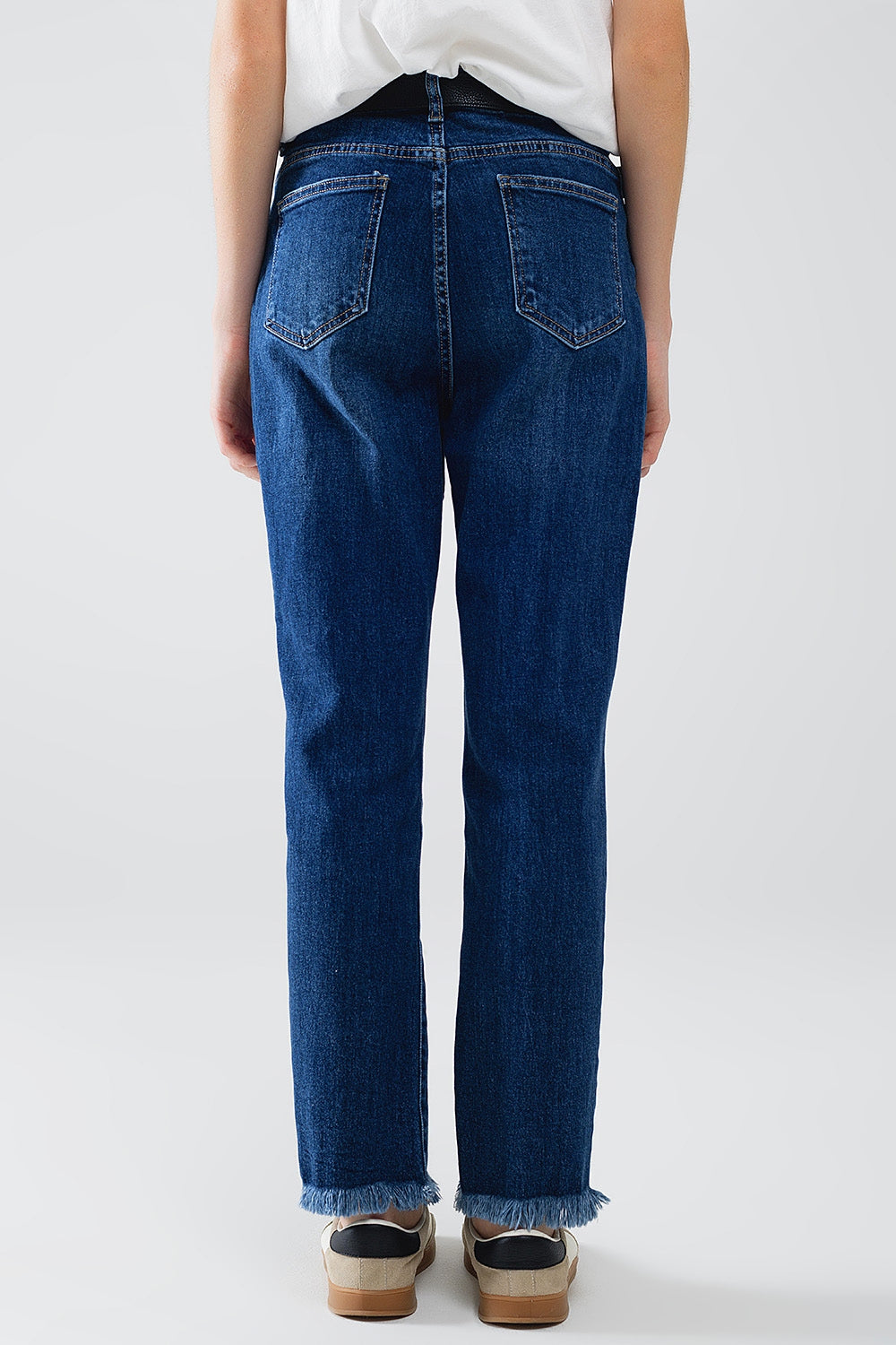 Straight Blue Jeans with Strass Front Details and Frayed Ends