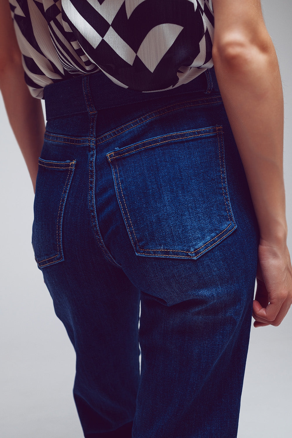 Straight Jeans with Folded Hem in Mid Blue Wash