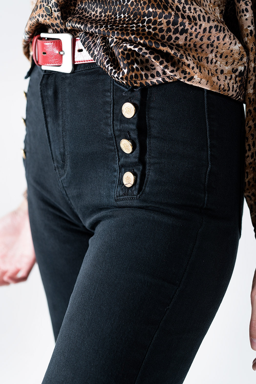 Straight Jeans with Gold Buttons at the Side in Black