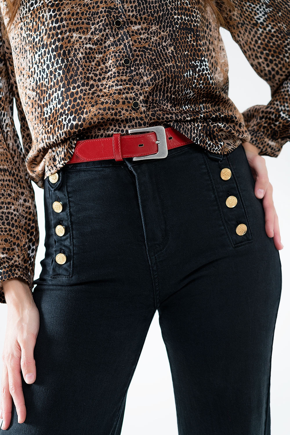 Straight Jeans with Gold Buttons at the Side in Black