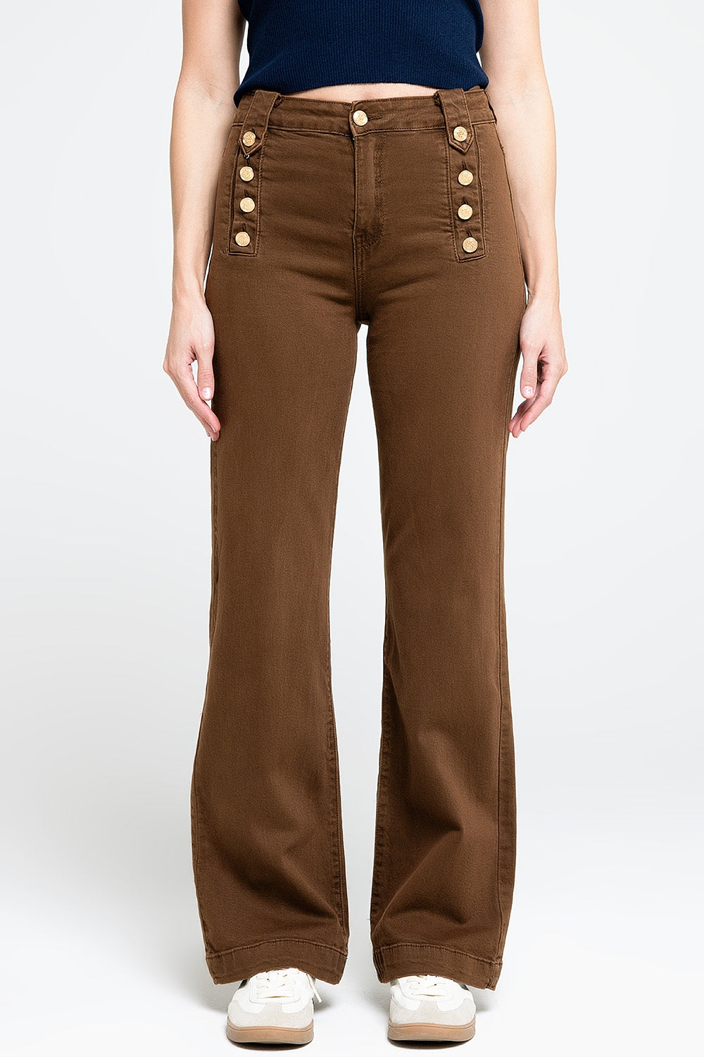 Q2 Straight Jeans With Gold Buttons At the Side in camel