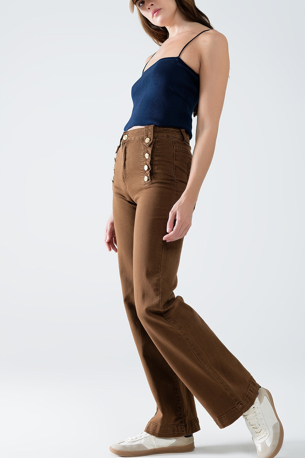 Straight Jeans with Gold Buttons at the Side in Camel