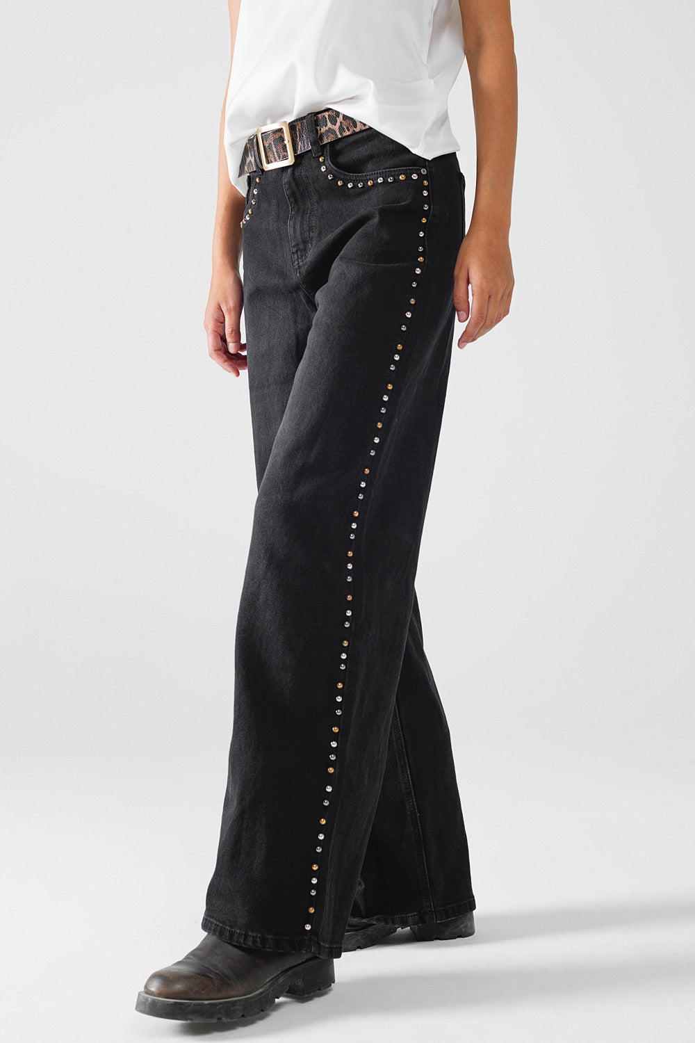 Straight Jeans with Stud Trim Details on the Sides in Black