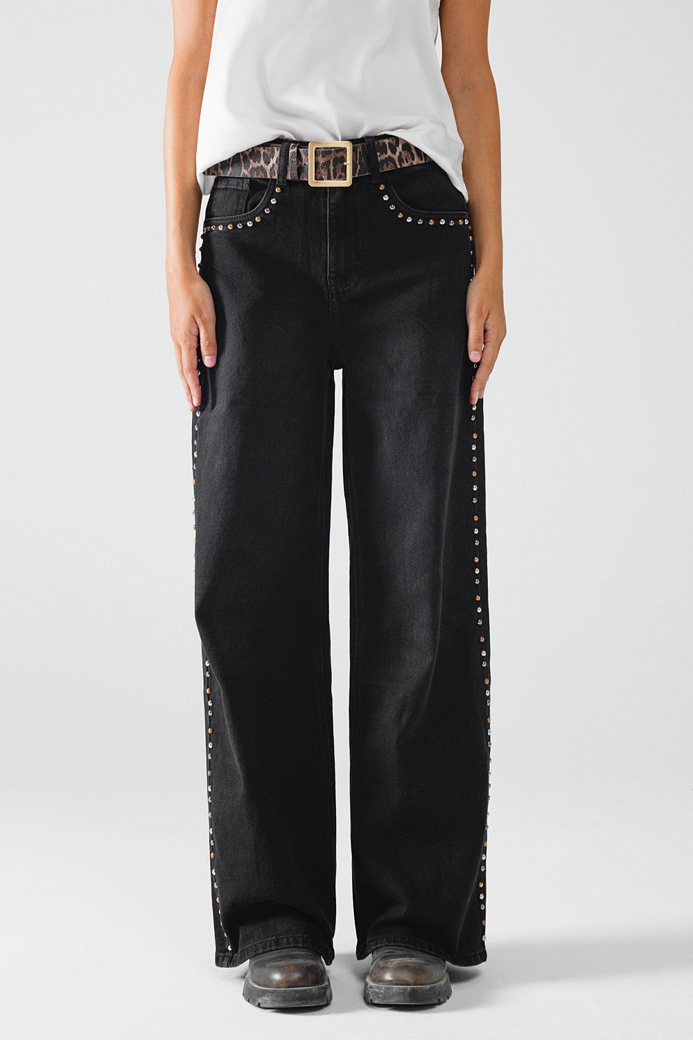 Straight Jeans with Stud Trim Details on the Sides in Black