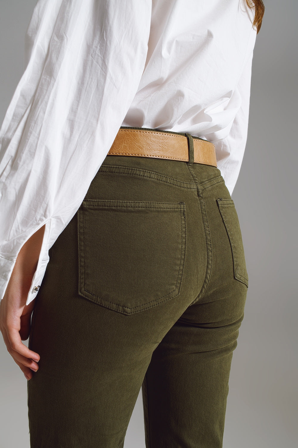 Straight Leg Jeans with Cropped Hem in Dark Green