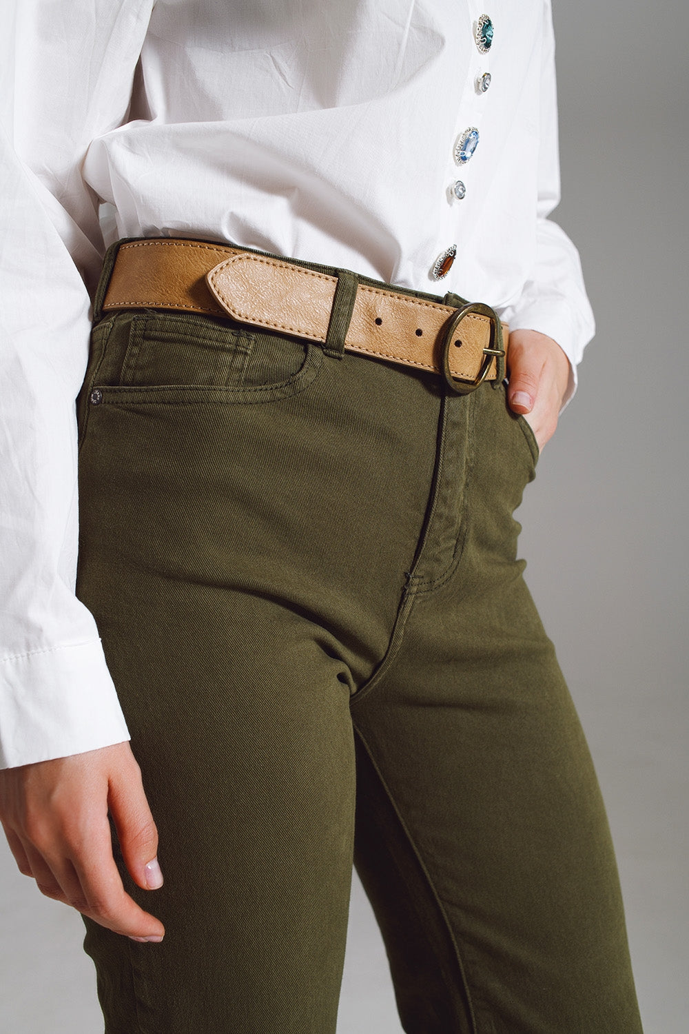 Straight Leg Jeans with Cropped Hem in Dark Green