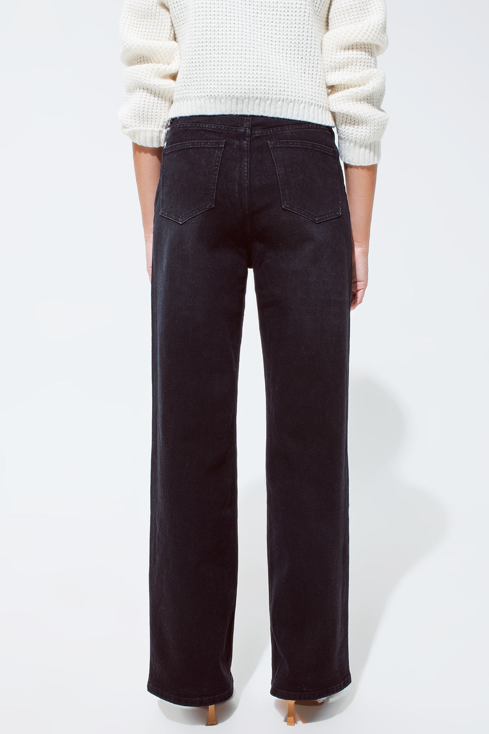 Straight Leg Jeans with Waist Stitching Detail in Black