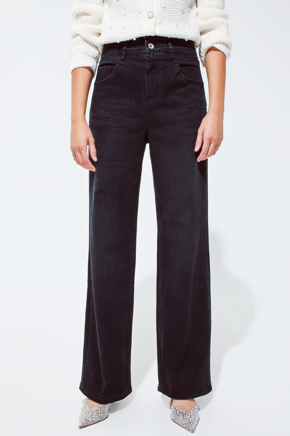 Straight Leg Jeans with Waist Stitching Detail in Black