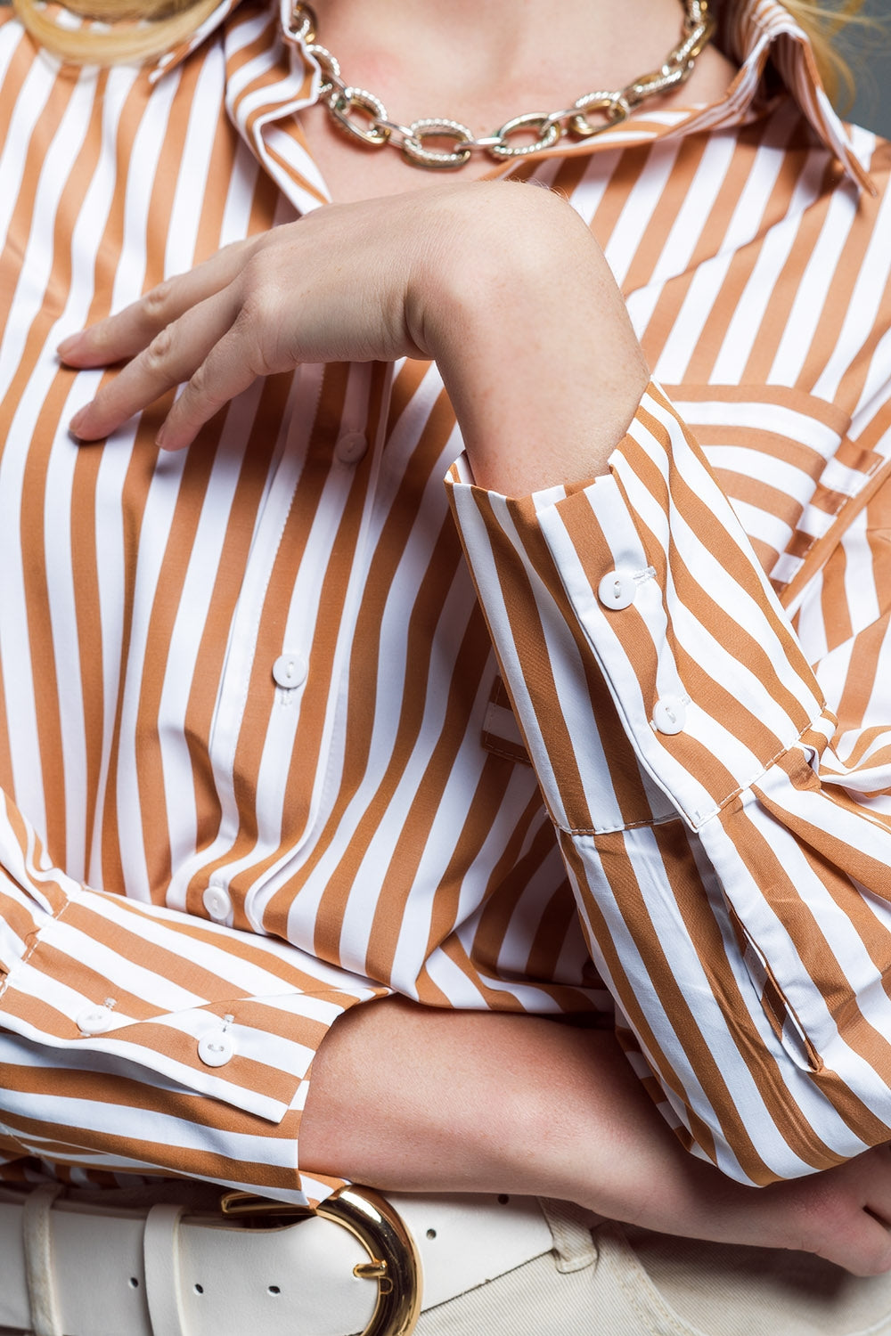 Striped Relaxed Shirt with Contrasting Pocket in Beige