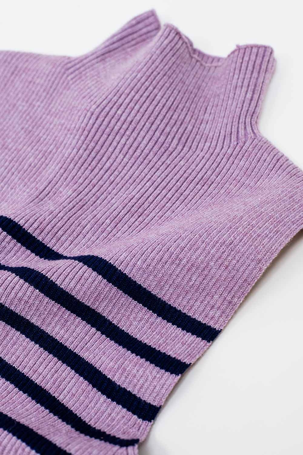 Striped Turtle Neck Tank Top In Lavander