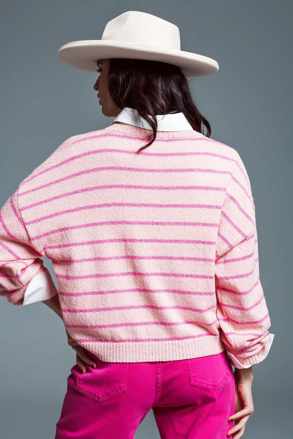 Sweater With Drop Shoulders with Fuchsia Stripes