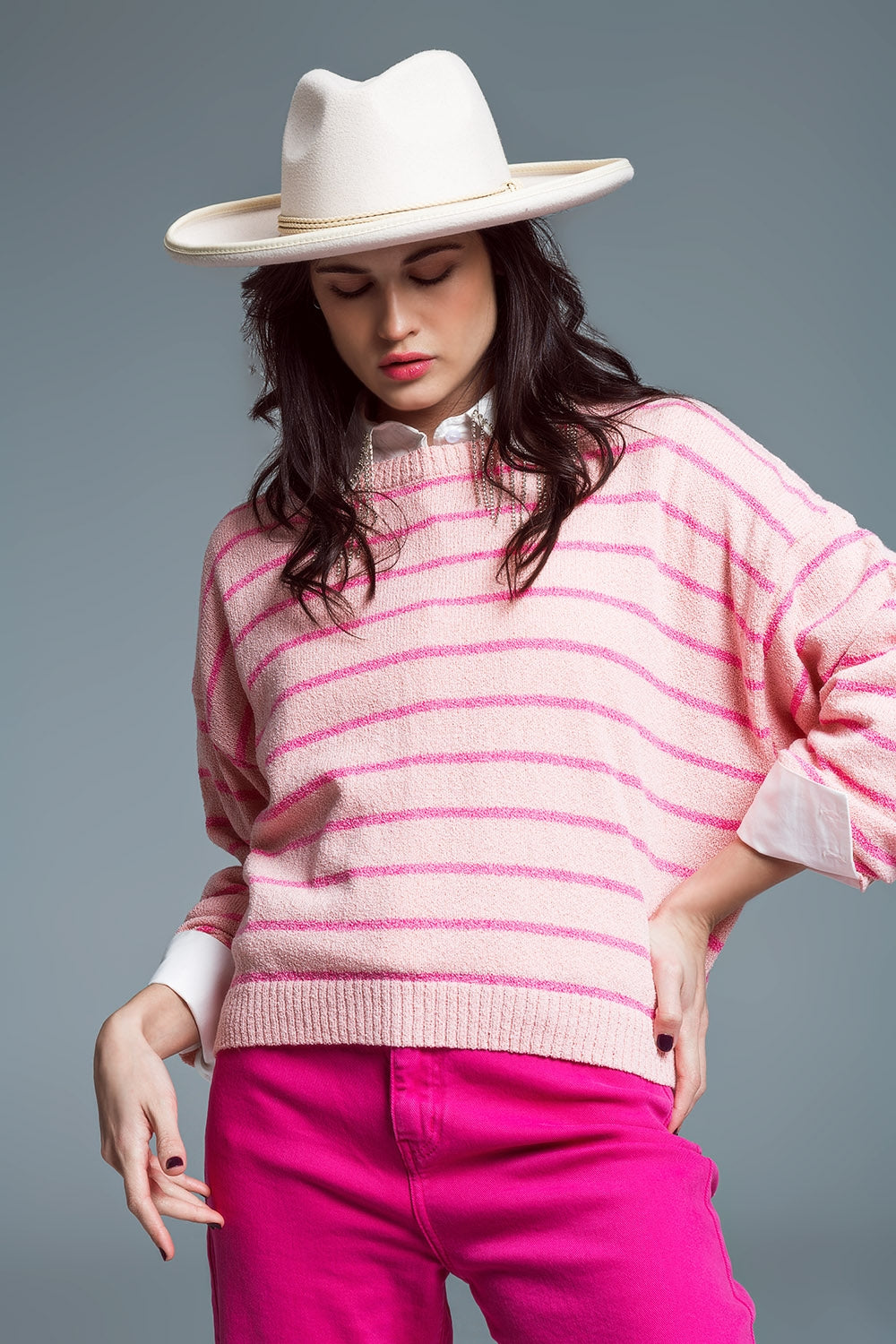 Sweater With Drop Shoulders with Fuchsia Stripes