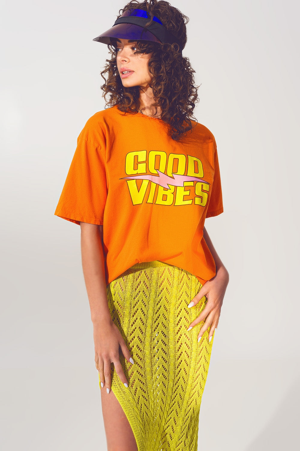 Q2 T-Shirt with Good Vibes Text in Orange