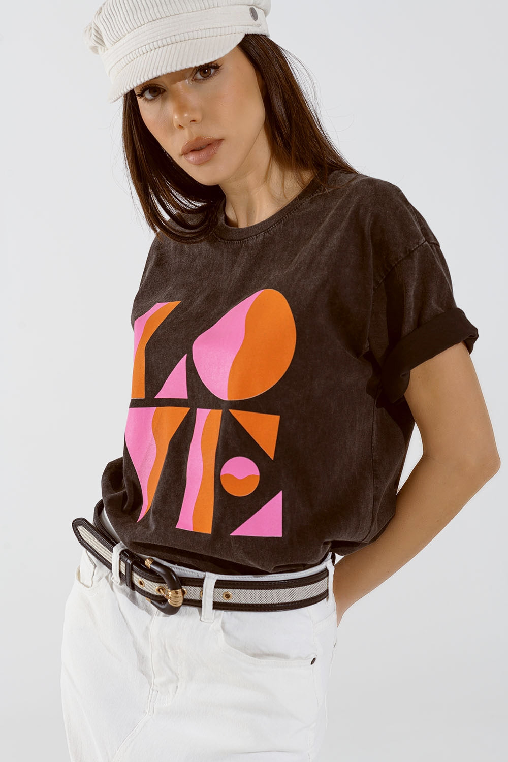 T-shirt with LOVE Art Deco Digital Print in Washed Black