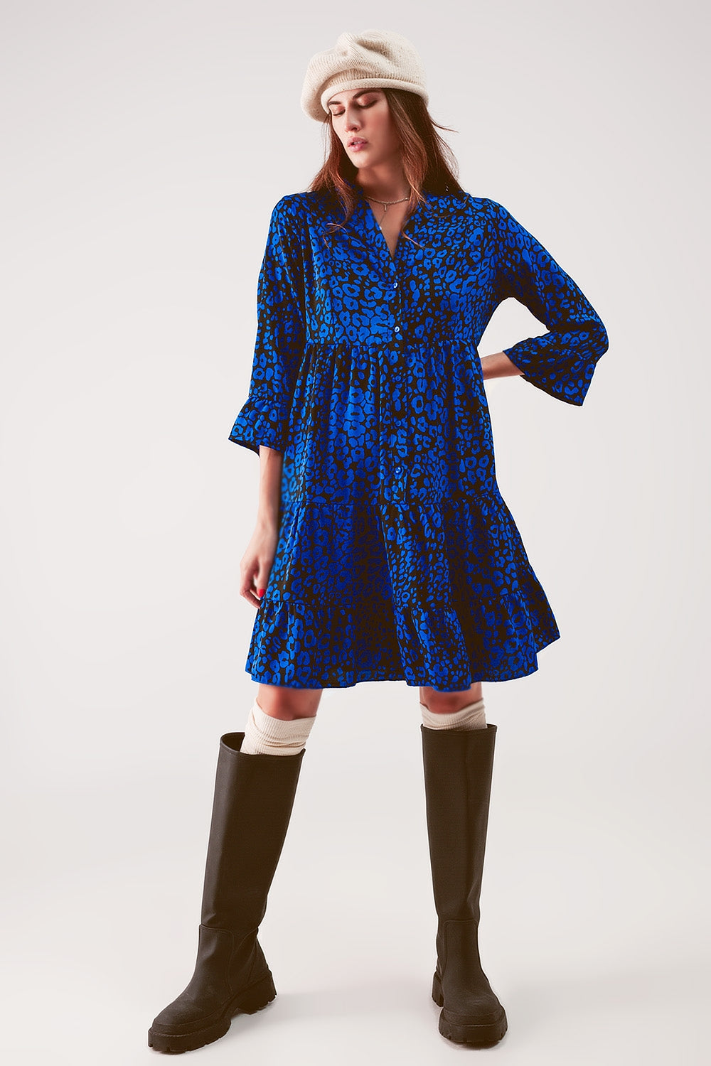 Q2 Tiered mini smock dress in blue animal print