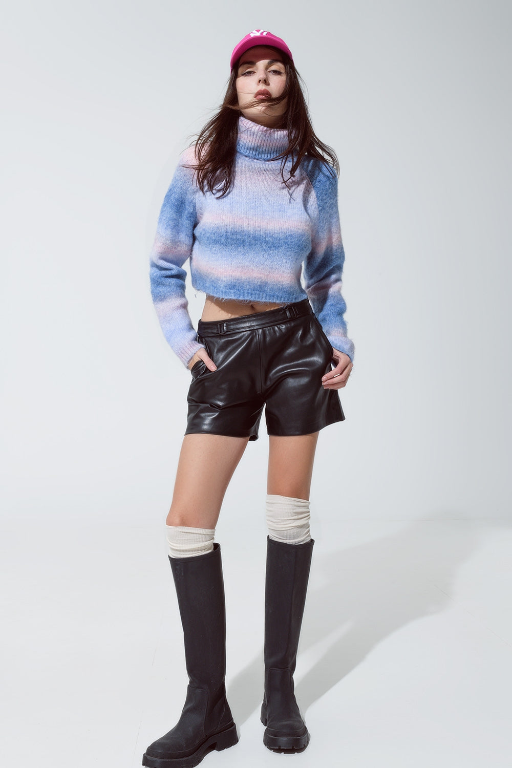 Turtleneck Sweater in Fluffy Knit in Blue and Pink Degrade