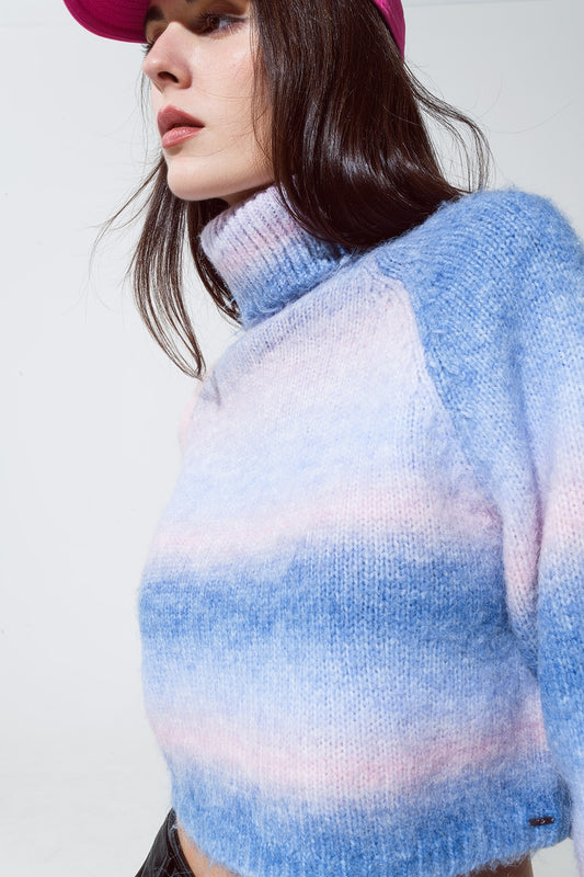 Turtleneck Sweater in Fluffy Knit in Blue and Pink Degrade