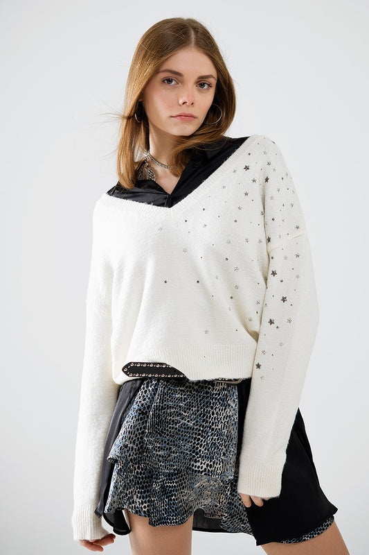 Q2 V-neck sweater embellished with metallic stars